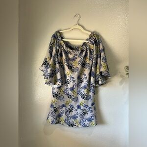 LOB Floral Gray Blue Yellow Off-Shoulder Mini Dress Sz 3 Vacay Beach TC0312